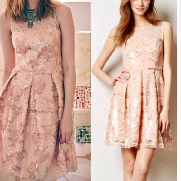Anthropologie Eva Franco  Blush Gold Sequin Lace Fit and Flare Dress 8 - Picture 12 of 14